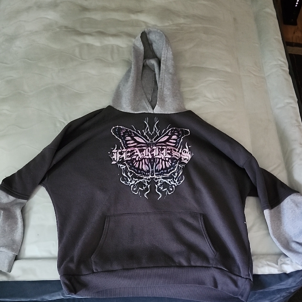 Men's Gray Crewneck Hoodie with Pink Butterfly 'Fearless' Graphic